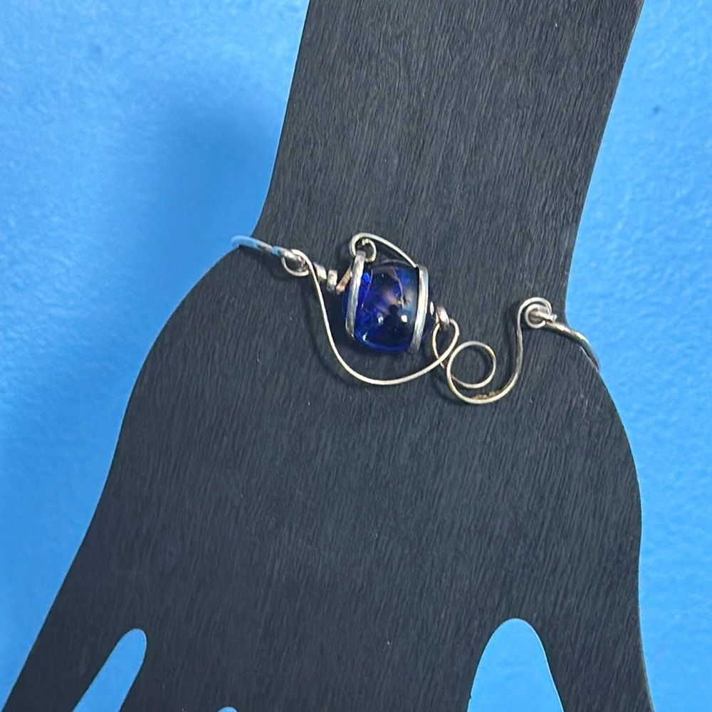 Faux Silver Blue Wrapped Stone Hook Bangle Bracelet Boho Chic Fashion Jewelry